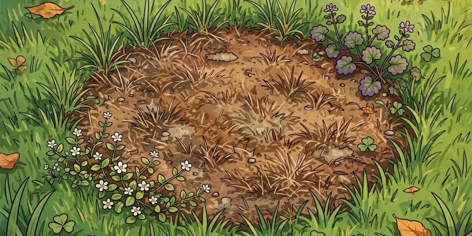 Illustration of a circular brown patch of dead grass in a lawn, with chickweed and henbit spreading in from the healthy green turf around it