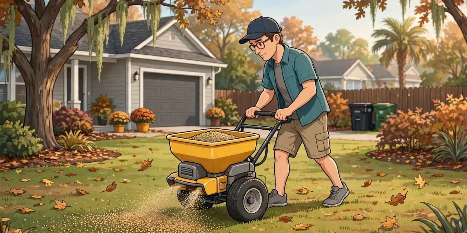 Illustration of a homeowner pushing a yellow broadcast spreader that scatters fertilizer granules across a leaf-covered fall lawn
