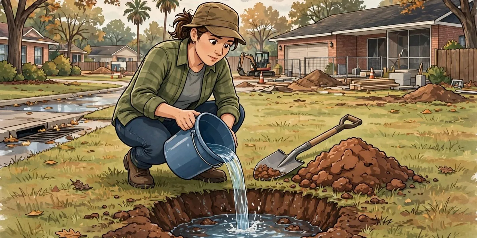 Illustration of a homeowner pouring a bucket of water into a freshly dug hole in the lawn to test how quickly the clay soil drains
