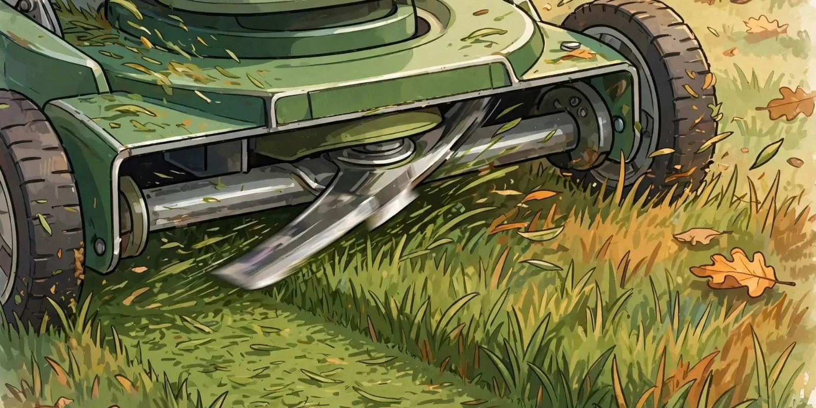 Illustration of a close-up of a lawn mower blade cutting warm-season grass scattered with fallen autumn leaves