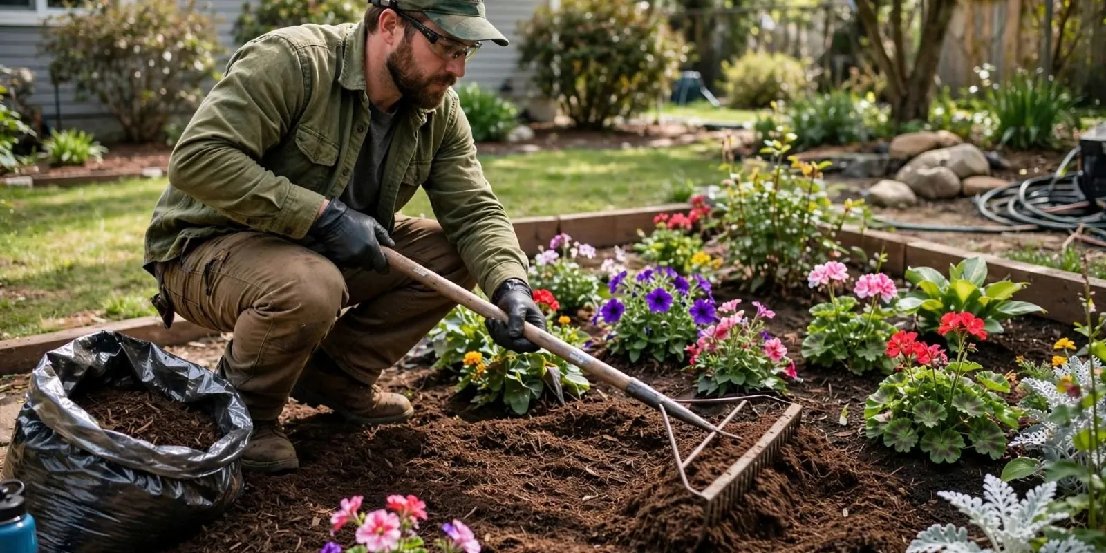 Landscaper raking fresh mulch into a flower bed planted with petunias and geraniums