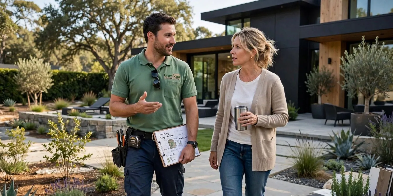 Landscaper holding a maintenance plan on a clipboard while walking a modern home's front yard with the homeowner